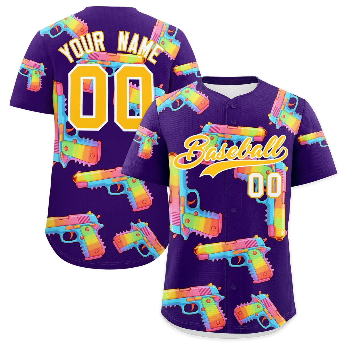 Custom Youth Baseball Jersey Purple Yellow Sugar-Coated Firepower Graffiti Pattern Street Style