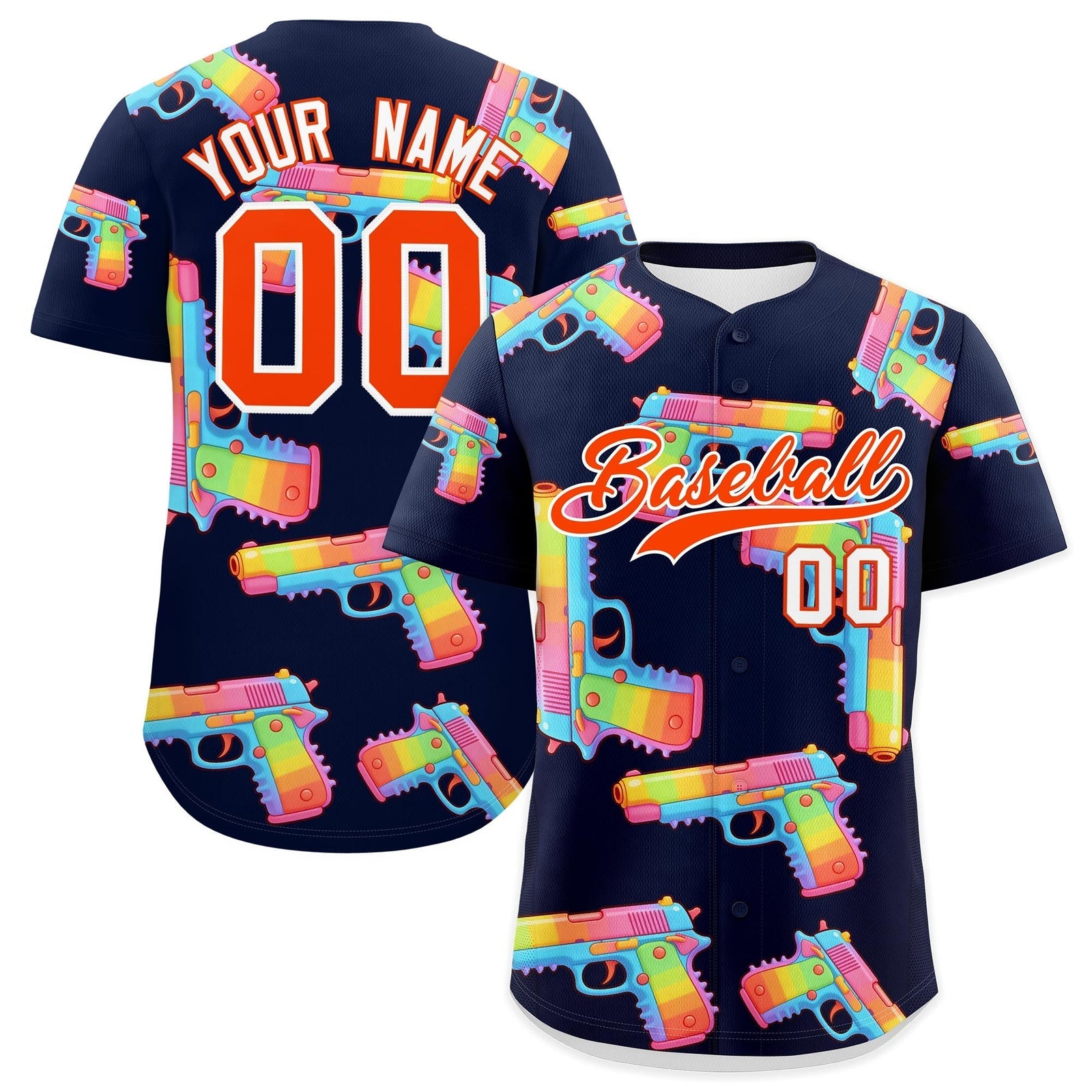 Custom Youth Baseball Jersey Navy Orange Sugar-Coated Firepower Graffiti Pattern Urban Fashion