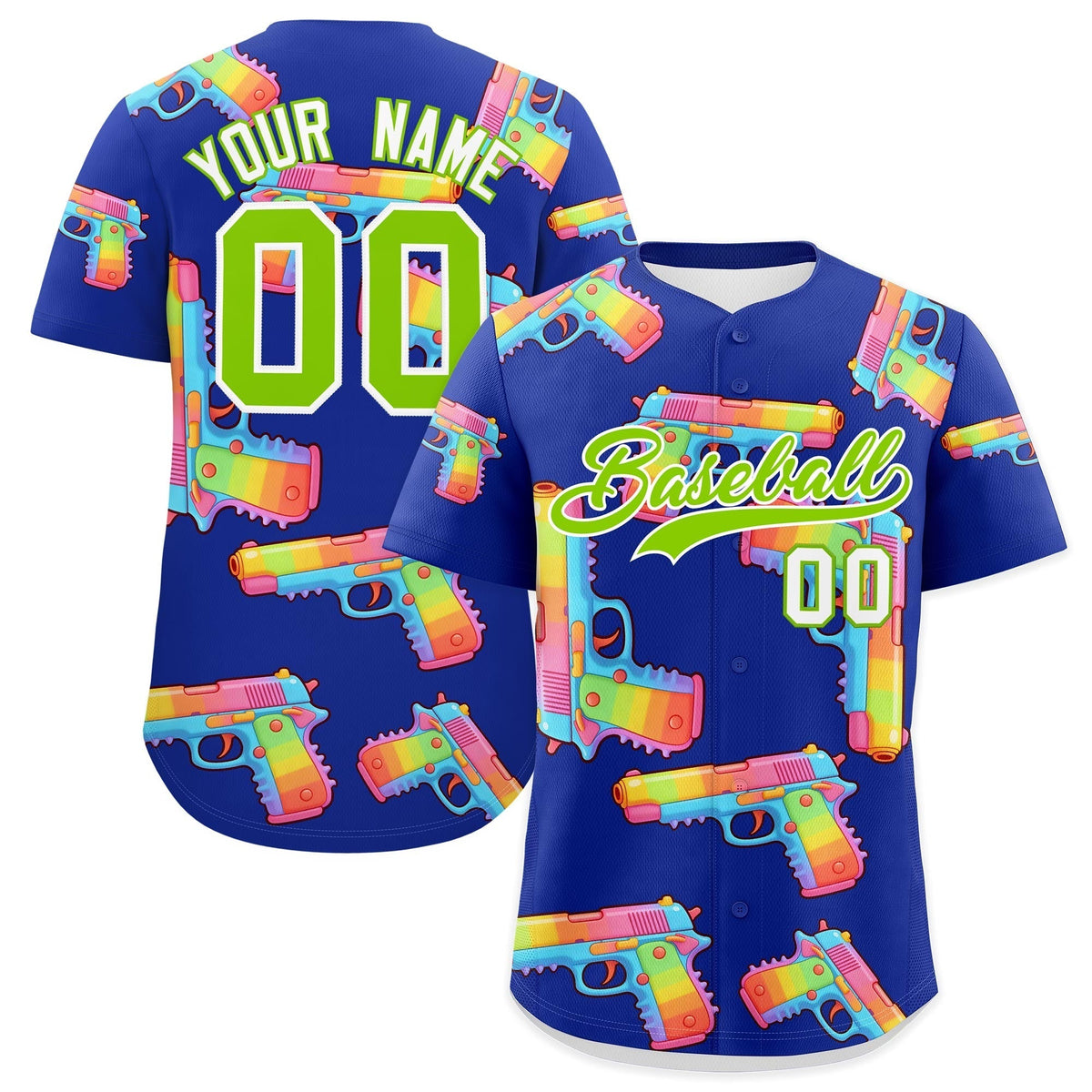 Custom Youth Baseball Jersey Royal Blue Neon Green Sugar-Coated Firepower Graffiti Pattern Hip-hop