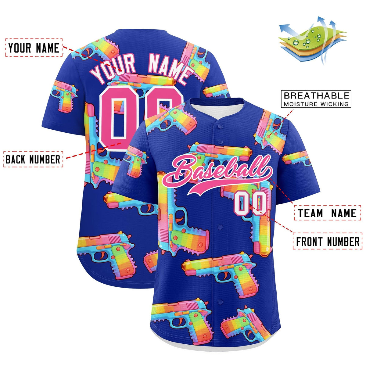Custom Youth Baseball Jersey Royal Blue Pink Sugar-Coated Firepower Graffiti Pattern Urban Fashion