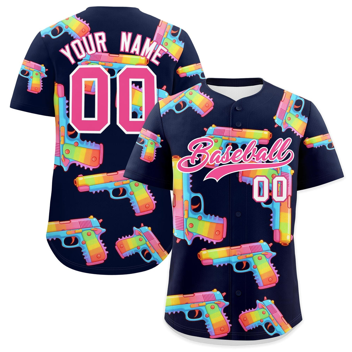 Custom Youth Baseball Jersey Navy Pink Sugar-Coated Firepower Graffiti Pattern Street Style