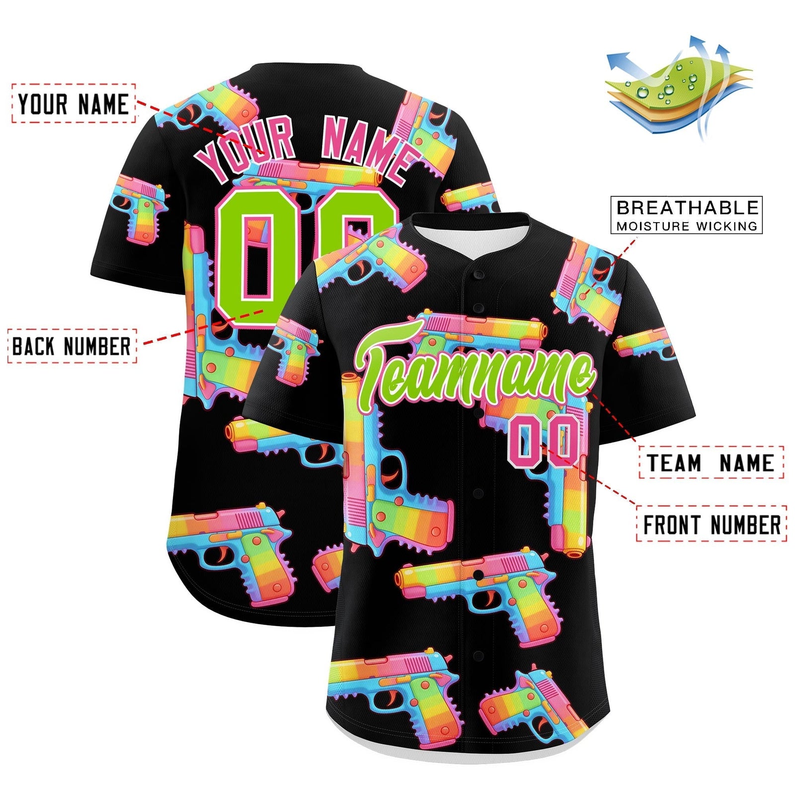 Custom Youth Baseball Jersey Black Neon Green Sugar-Coated Firepower Graffiti Pattern Street Style