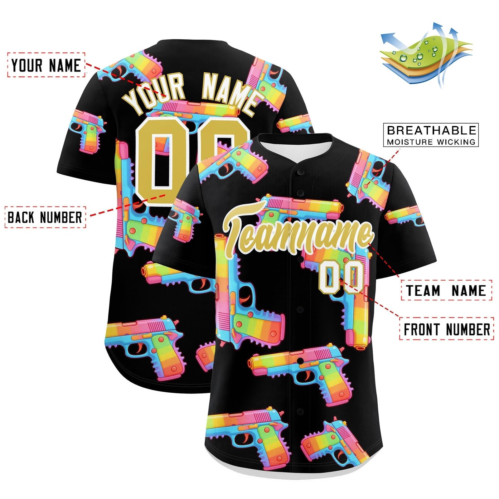 Custom Youth Baseball Jersey Black Old Gold Sugar-Coated Firepower Graffiti Pattern Street Style