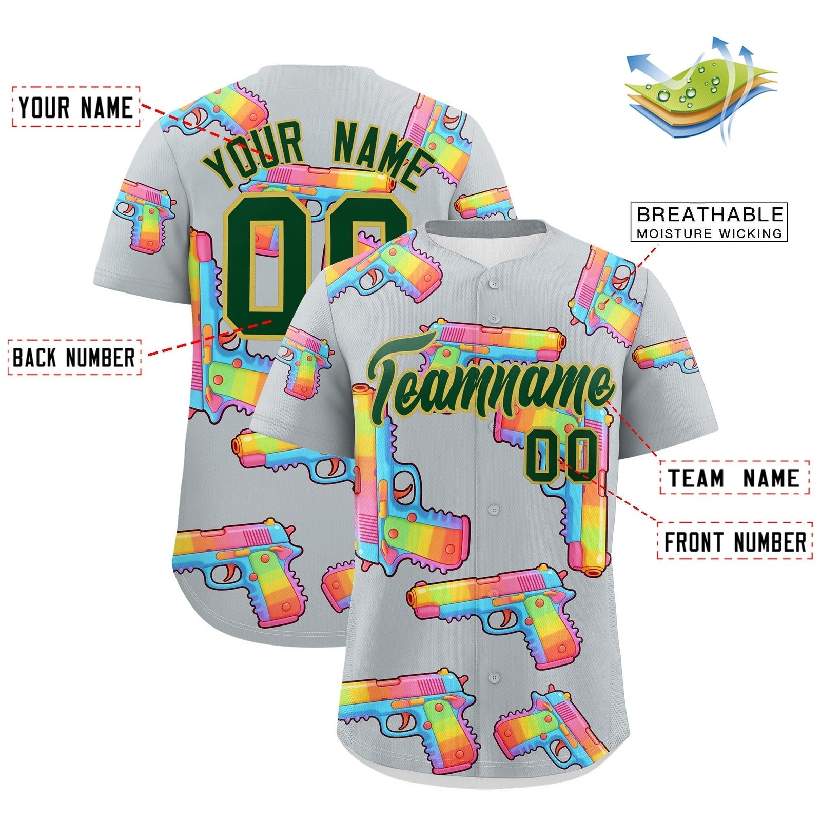 Custom Youth Baseball Jersey Silver Dark Green Sugar-Coated Firepower Graffiti Pattern Hip-hop