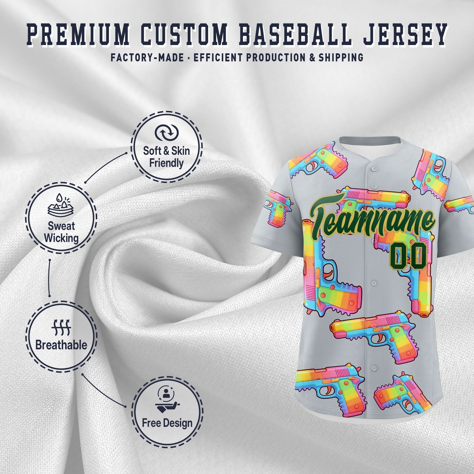 Custom Youth Baseball Jersey Silver Dark Green Sugar-Coated Firepower Graffiti Pattern Hip-hop