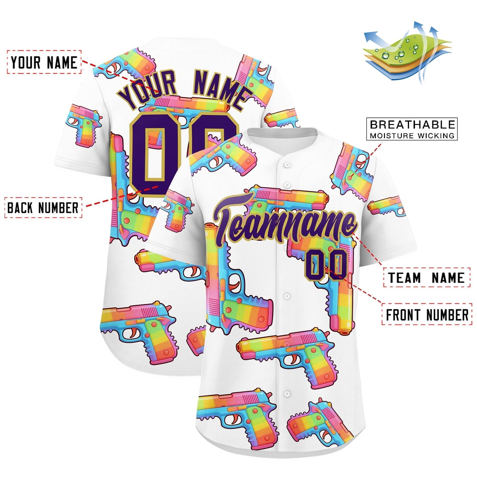 Custom Youth Baseball Jersey White Purple Sugar-Coated Firepower Graffiti Pattern Street Style