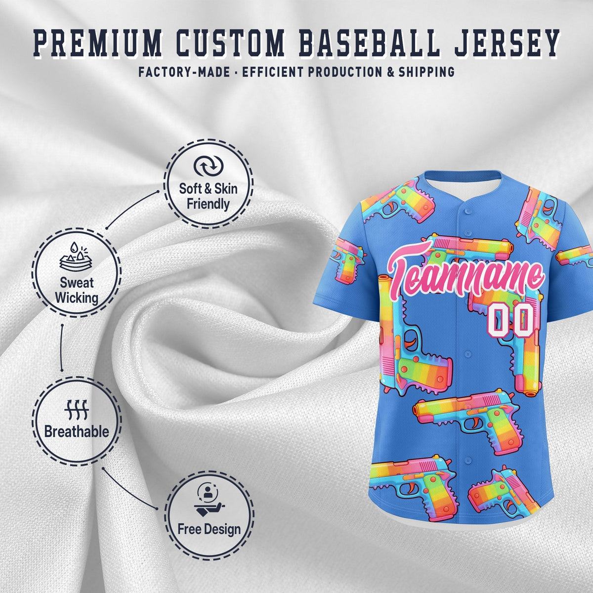 Custom Youth Baseball Jersey Powder Blue Pink Sugar-Coated Firepower Graffiti Pattern Urban Fashion