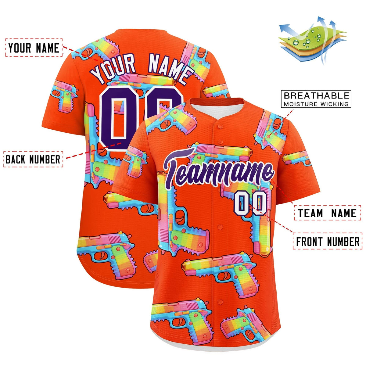 Custom Youth Baseball Jersey Orange Purple Sugar-Coated Firepower Graffiti Pattern Street Style