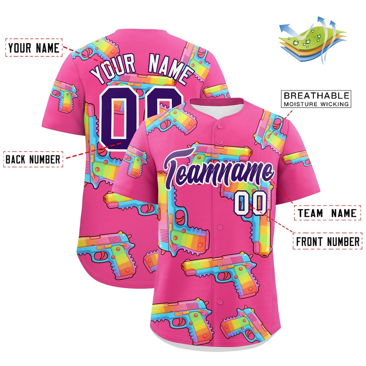 Custom Youth Baseball Jersey Pink Purple Sugar-Coated Firepower Graffiti Pattern Street Style