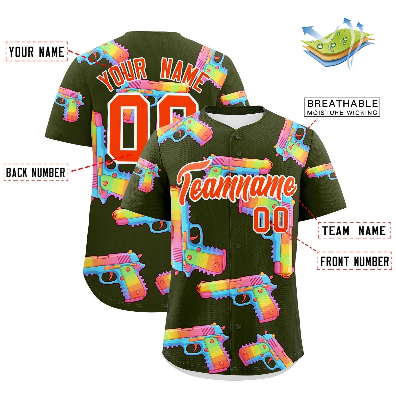 Custom Youth Baseball Jersey Olive Orange Sugar-Coated Firepower Graffiti Pattern Hip-hop