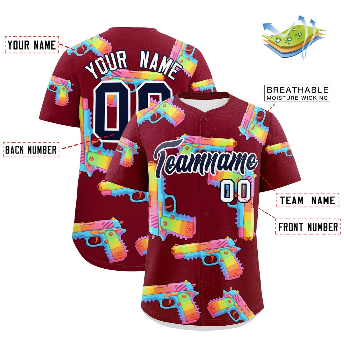 Custom Youth Baseball Jersey Crimson Navy Sugar-Coated Firepower Graffiti Pattern Street Style