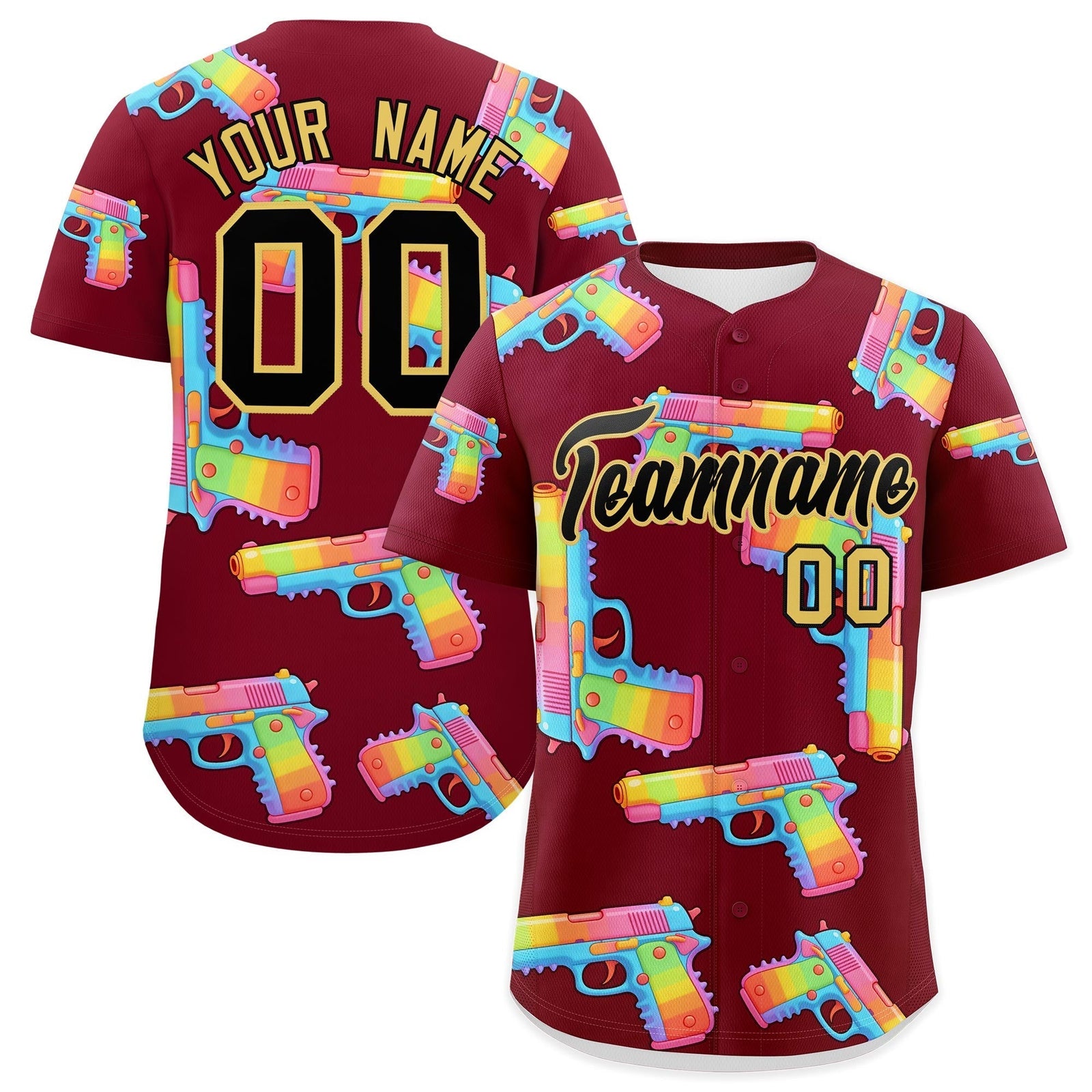 Custom Youth Baseball Jersey Crimson Black Khaki Sugar-Coated Firepower Graffiti Pattern Street Style