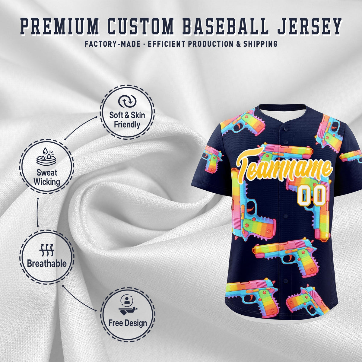 Custom Youth Baseball Jersey Navy Yellow Sugar-Coated Firepower Graffiti Pattern Hip-hop