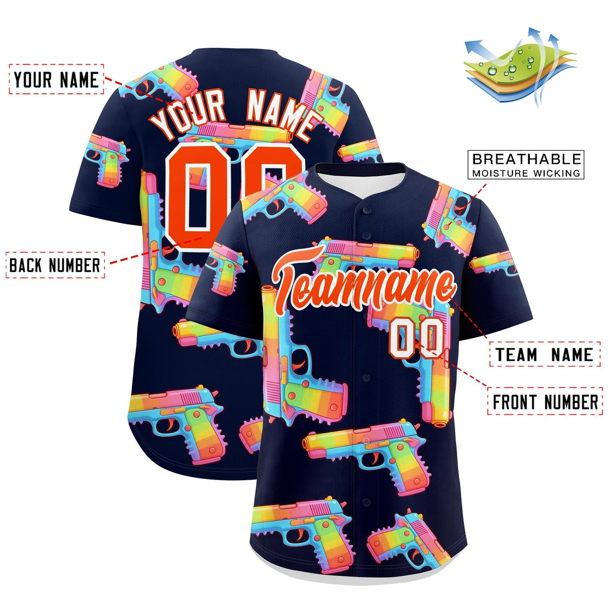 Custom Youth Baseball Jersey Navy Orange Sugar-Coated Firepower Graffiti Pattern Urban Fashion