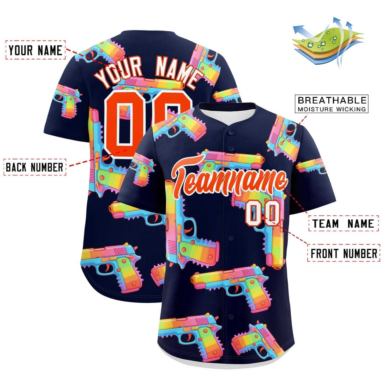 Custom Youth Baseball Jersey Navy Orange Sugar-Coated Firepower Graffiti Pattern Urban Fashion