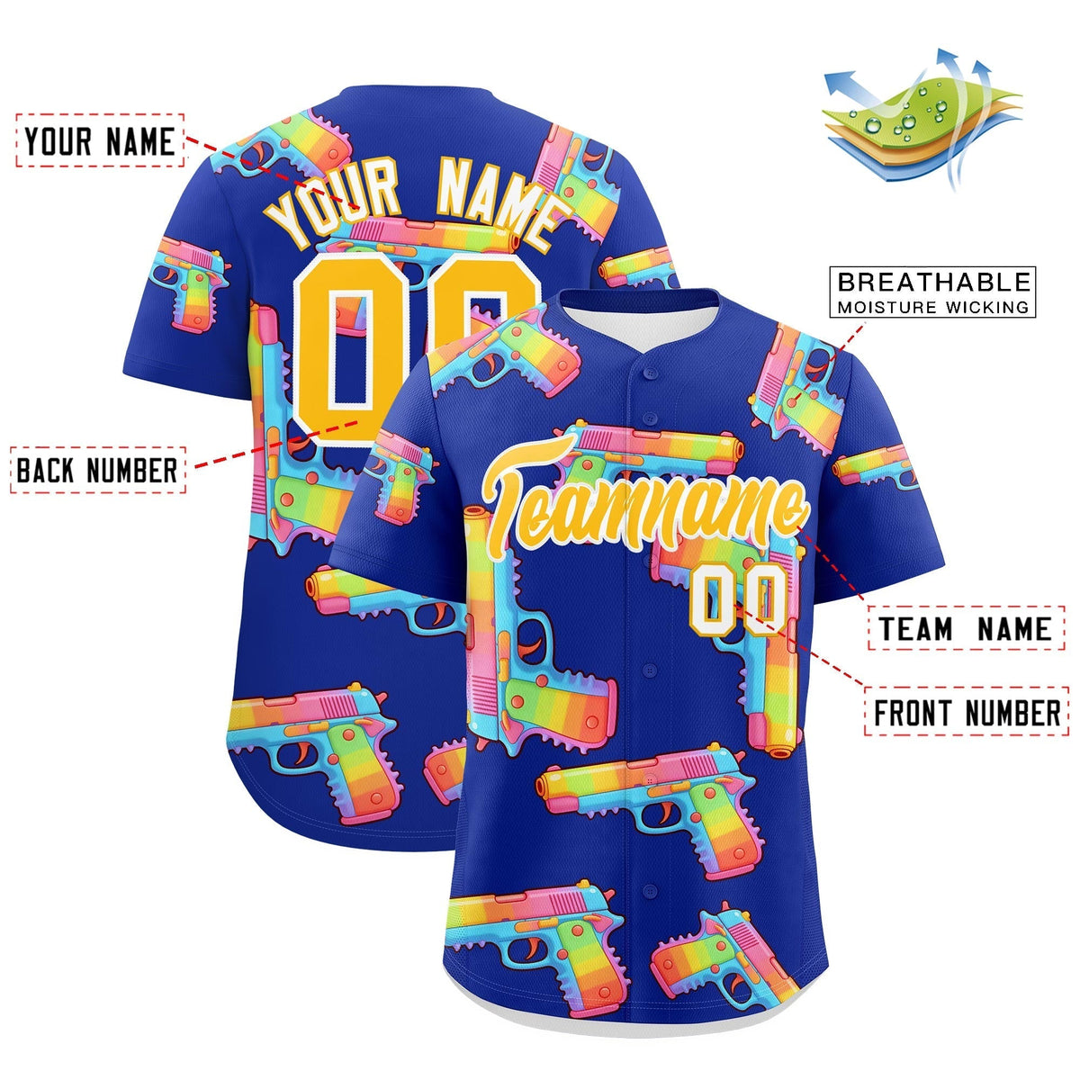 Custom Youth Baseball Jersey Royal Blue Yellow Sugar-Coated Firepower Graffiti Pattern Hip-hop