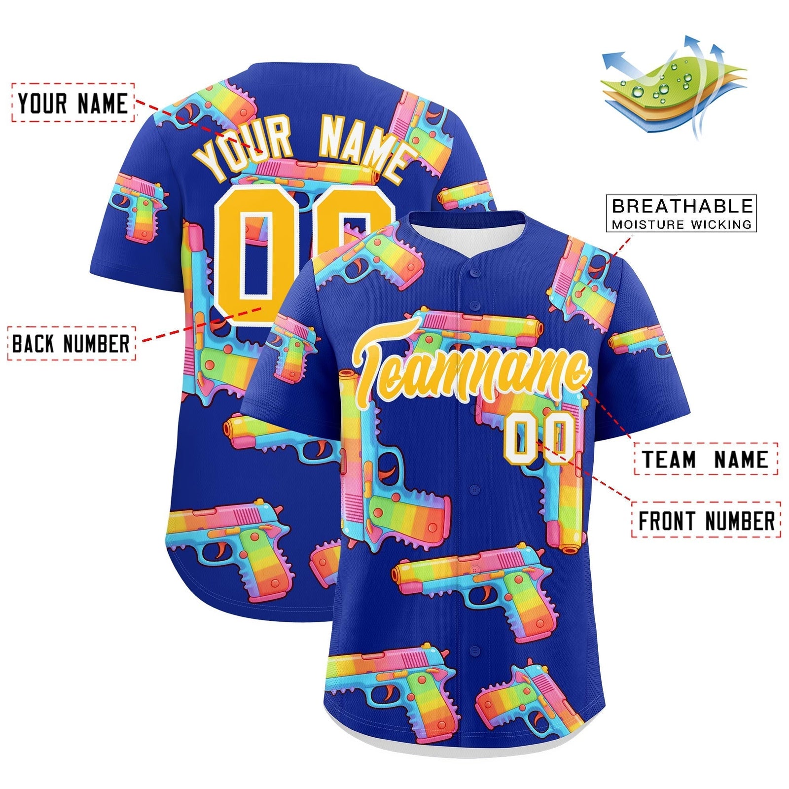Custom Youth Baseball Jersey Royal Blue Yellow Sugar-Coated Firepower Graffiti Pattern Hip-hop