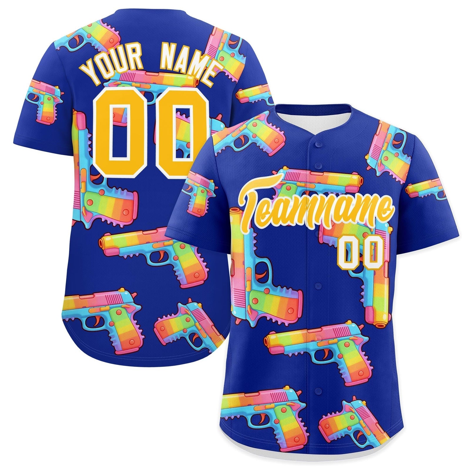 Custom Youth Baseball Jersey Royal Blue Yellow Sugar-Coated Firepower Graffiti Pattern Hip-hop