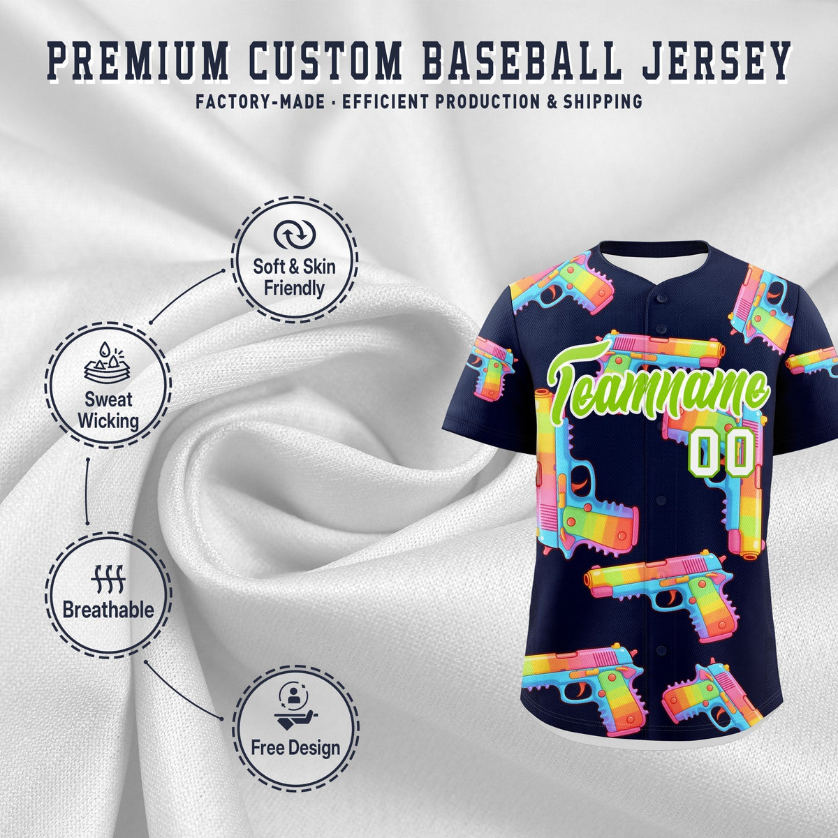 Custom Youth Baseball Jersey Navy Neon Green Sugar-Coated Firepower Graffiti Pattern Street Style