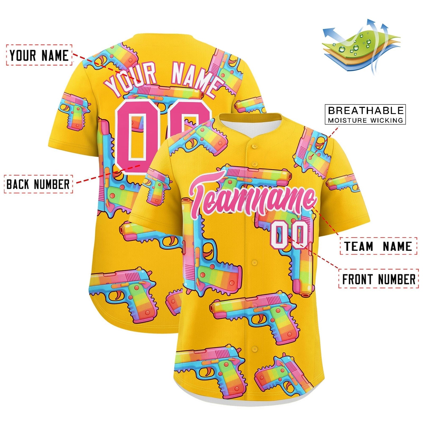 Custom Youth Baseball Jersey Yellow Pink Sugar-Coated Firepower Graffiti Pattern Hip-hop