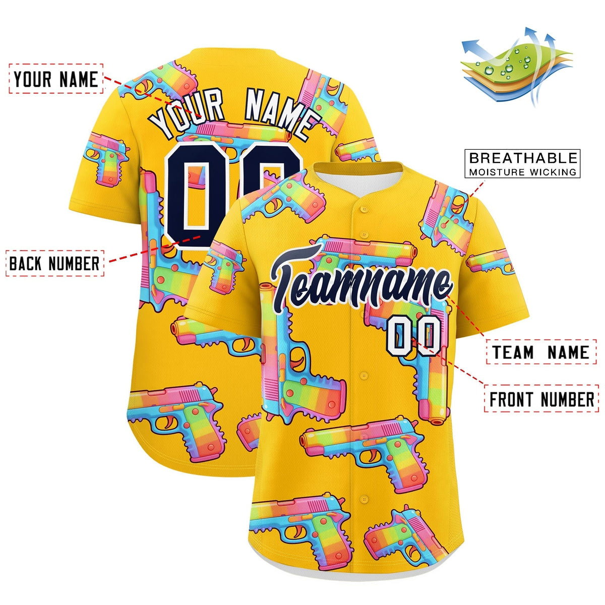 Custom Youth Baseball Jersey Yellow Navy Sugar-Coated Firepower Graffiti Pattern Street Style
