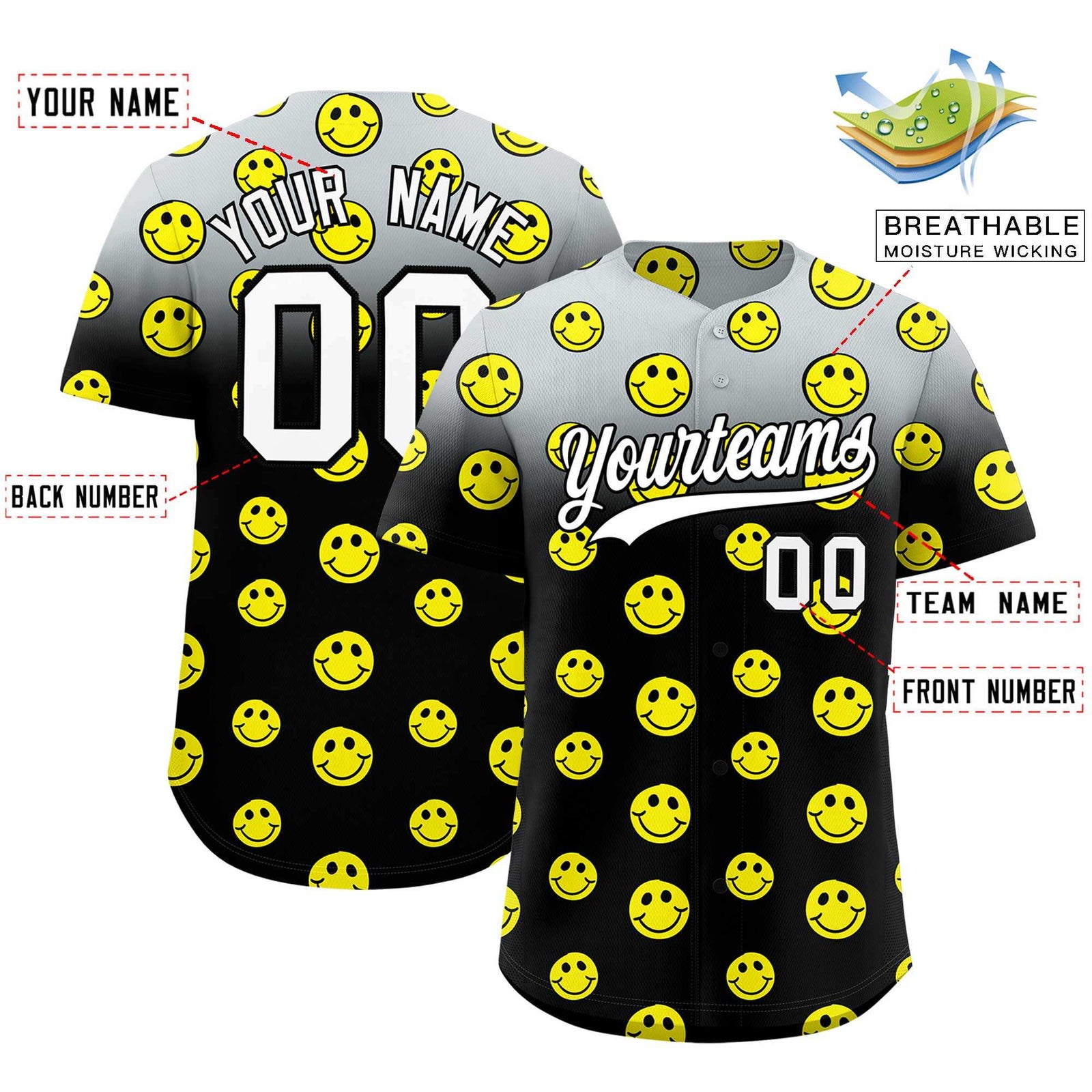 Custom Silver Black Graffiti Gradient Pattern Authentic Smile Baseball Jersey