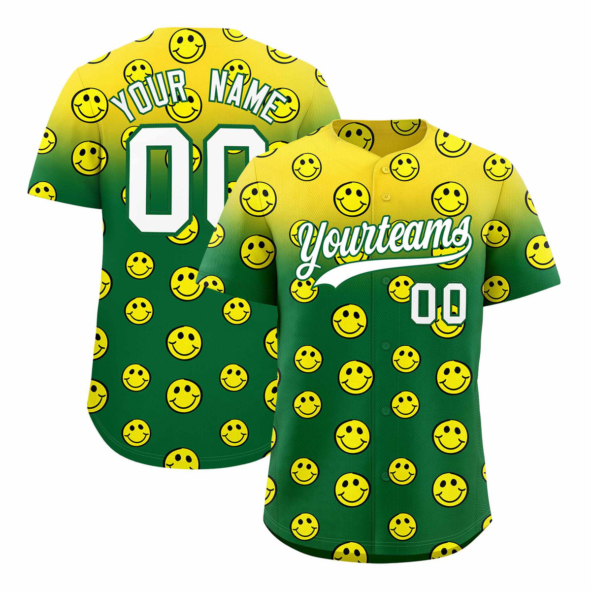 Custom Gold Kelly Green Graffiti Gradient Pattern Authentic Smile Baseball Jersey