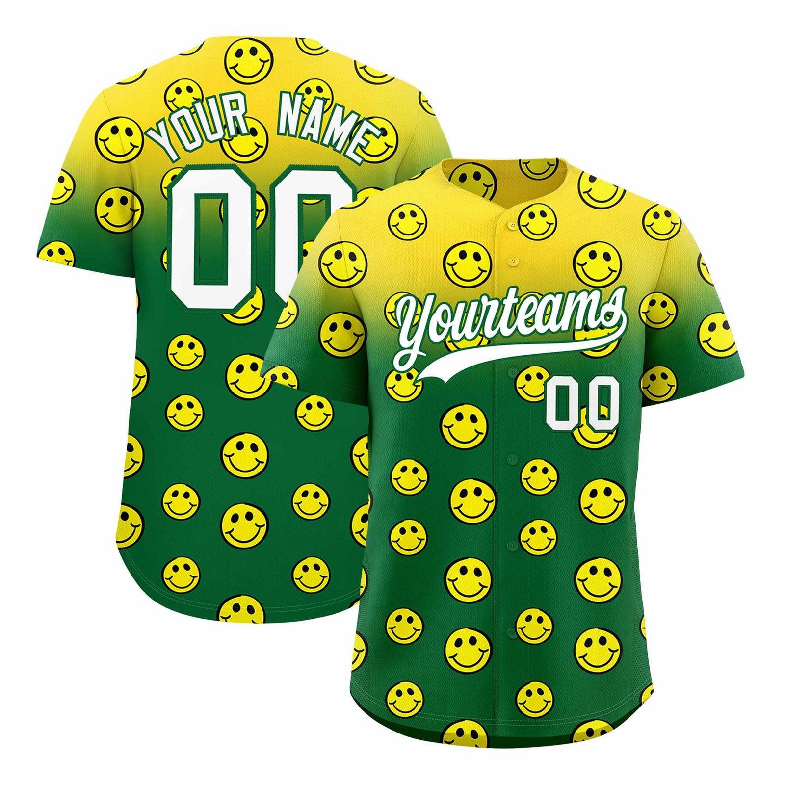 Custom Gold Kelly Green Graffiti Gradient Pattern Authentic Smile Baseball Jersey