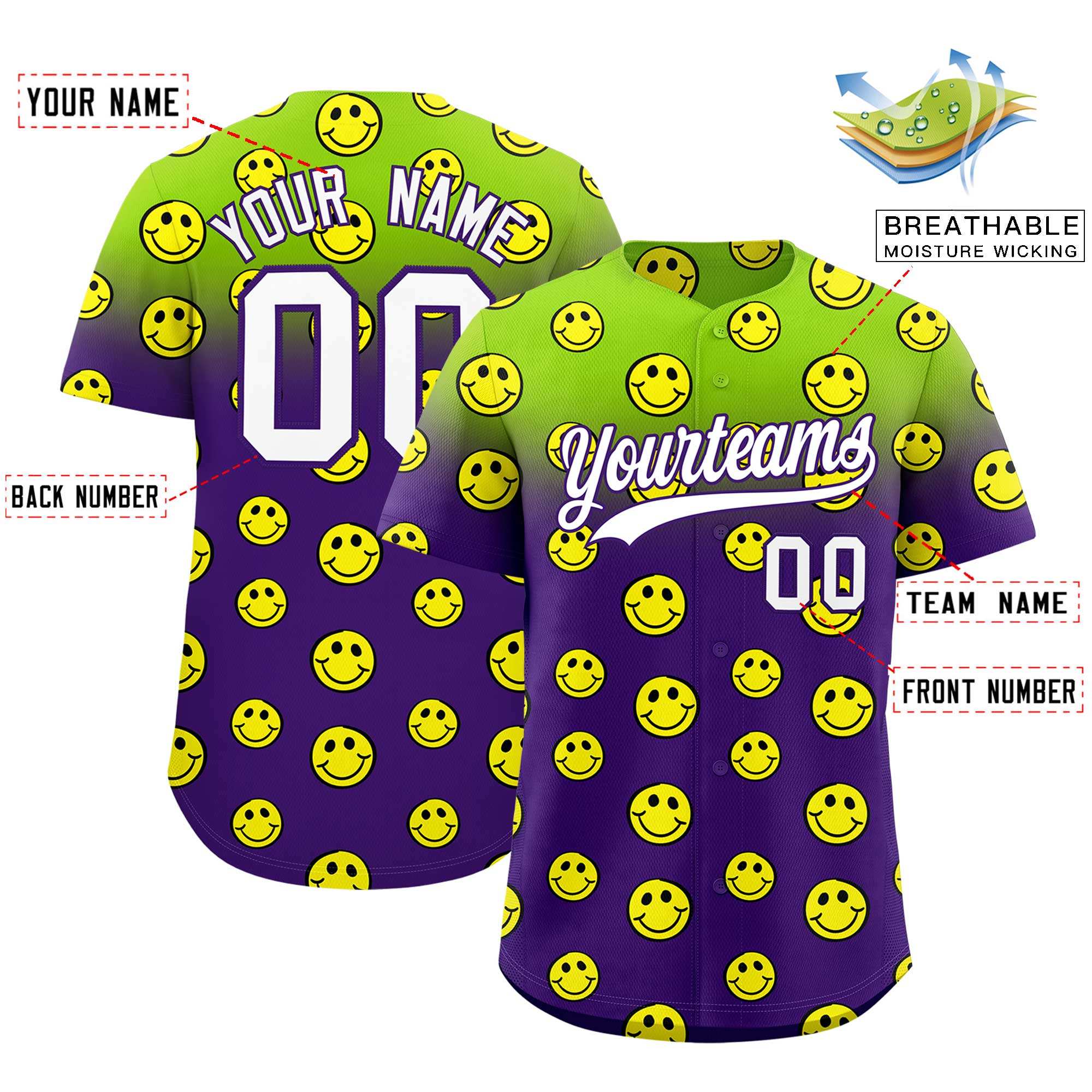 Custom Neon Green Purple Graffiti Gradient Pattern Authentic Smile Baseball Jersey
