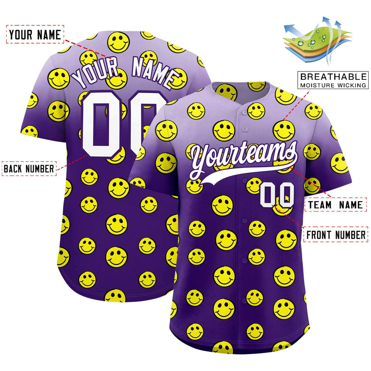 Custom Light Purple Purple Graffiti Gradient Pattern Authentic Smile Baseball Jersey