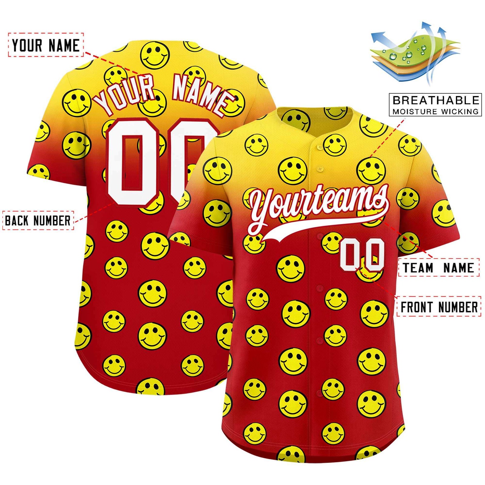 Custom Gold Red Graffiti Gradient Pattern Authentic Smile Baseball Jersey