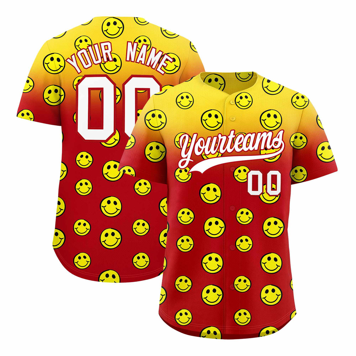 Custom Gold Red Graffiti Gradient Pattern Authentic Smile Baseball Jersey