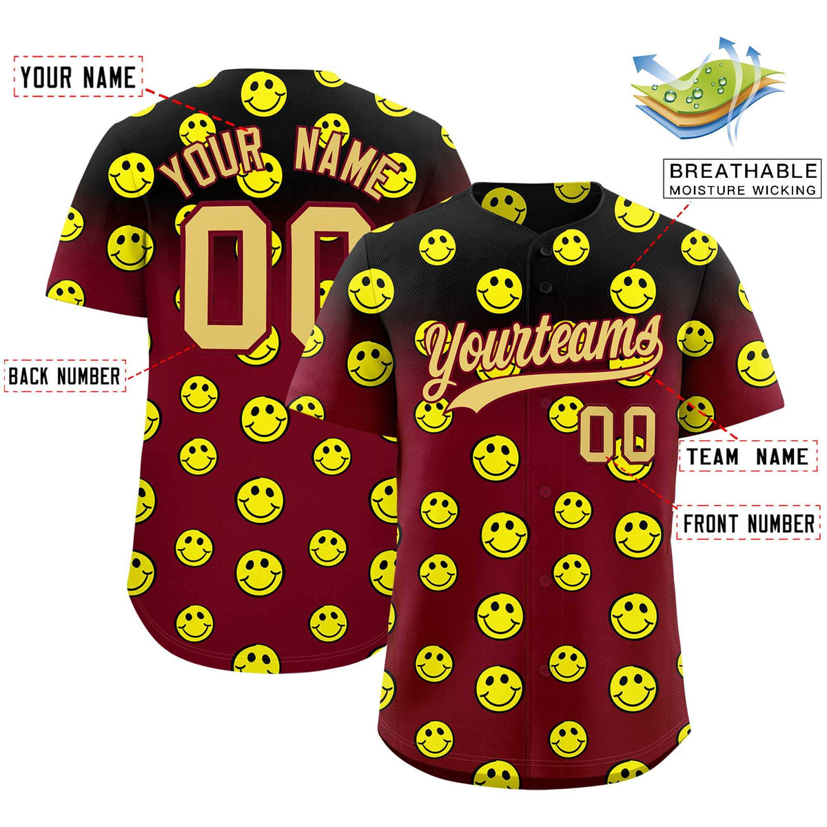 Custom Crimson Black Graffiti Gradient Pattern Authentic Smile Baseball Jersey