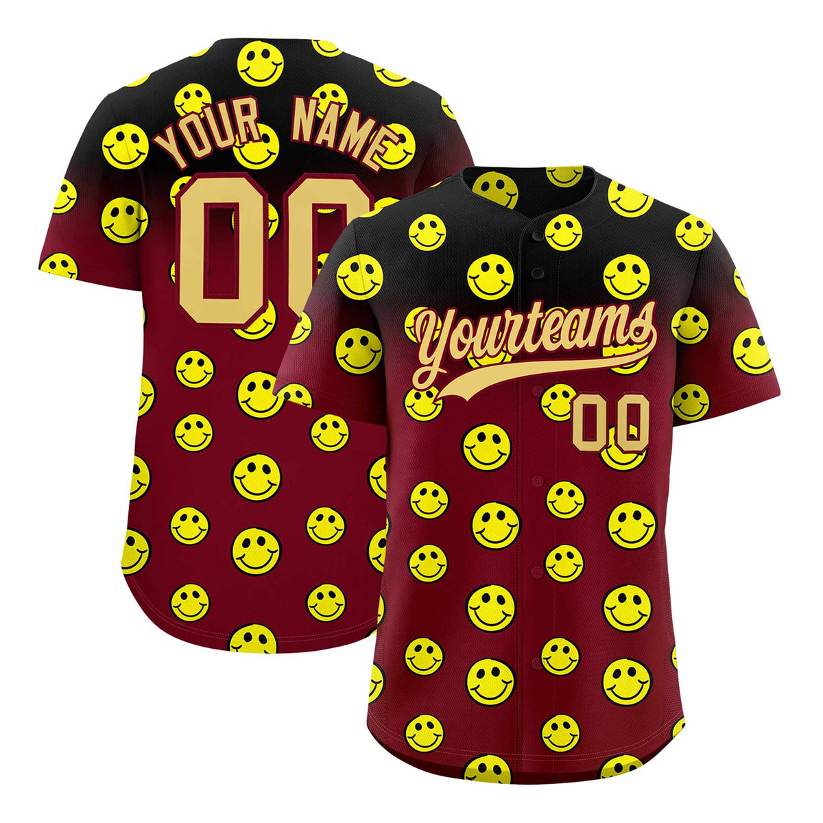 Custom Crimson Black Graffiti Gradient Pattern Authentic Smile Baseball Jersey