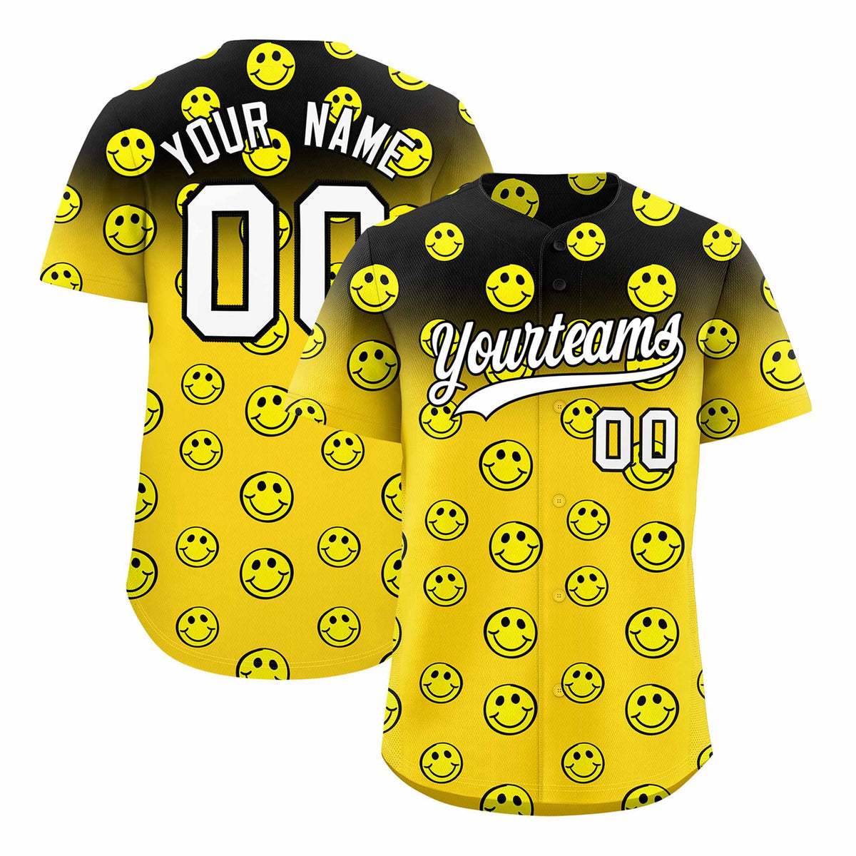 Custom Black Gold Graffiti Gradient Pattern Authentic Smile Baseball Jersey