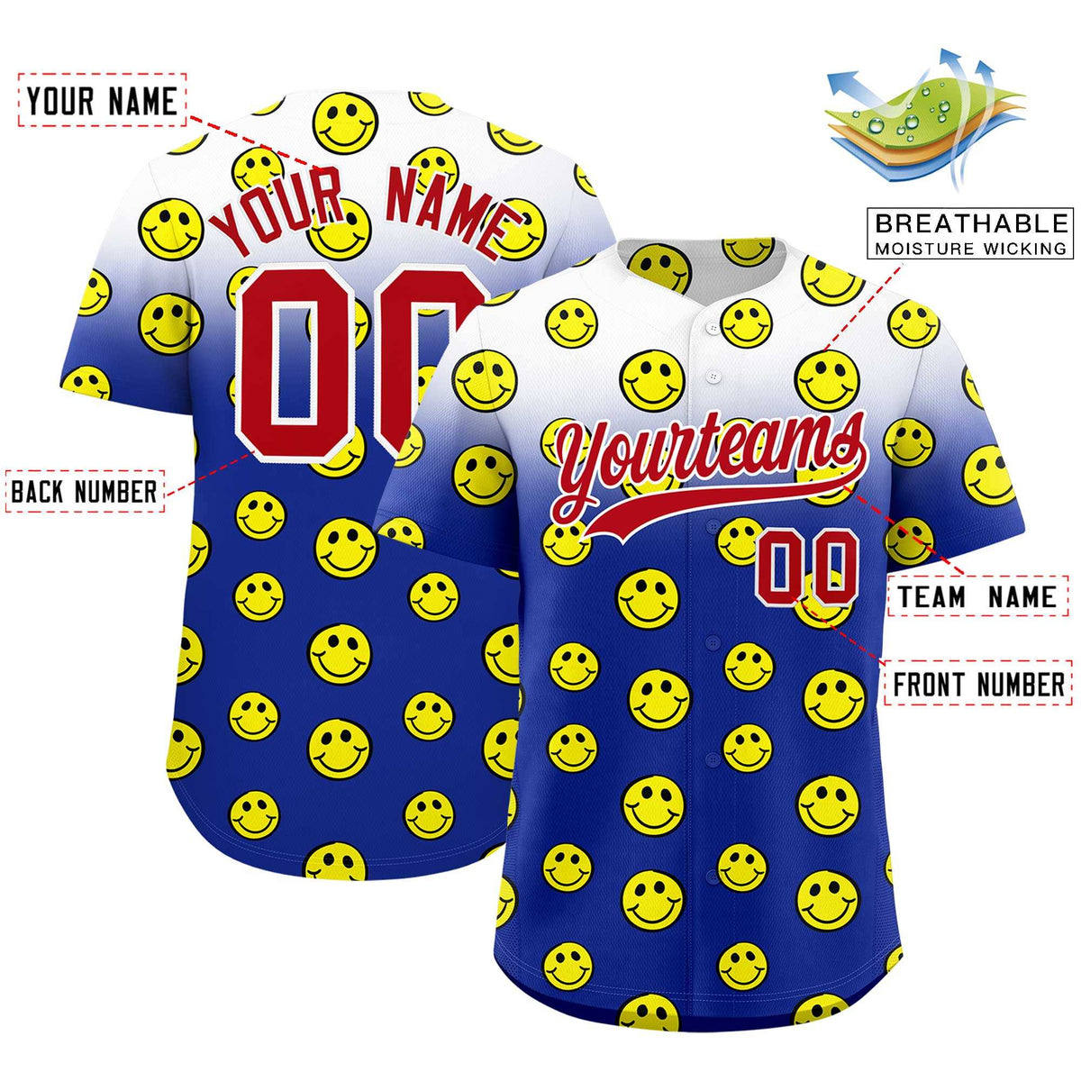 Custom White Royal Graffiti Gradient Pattern Authentic Smile Baseball Jersey