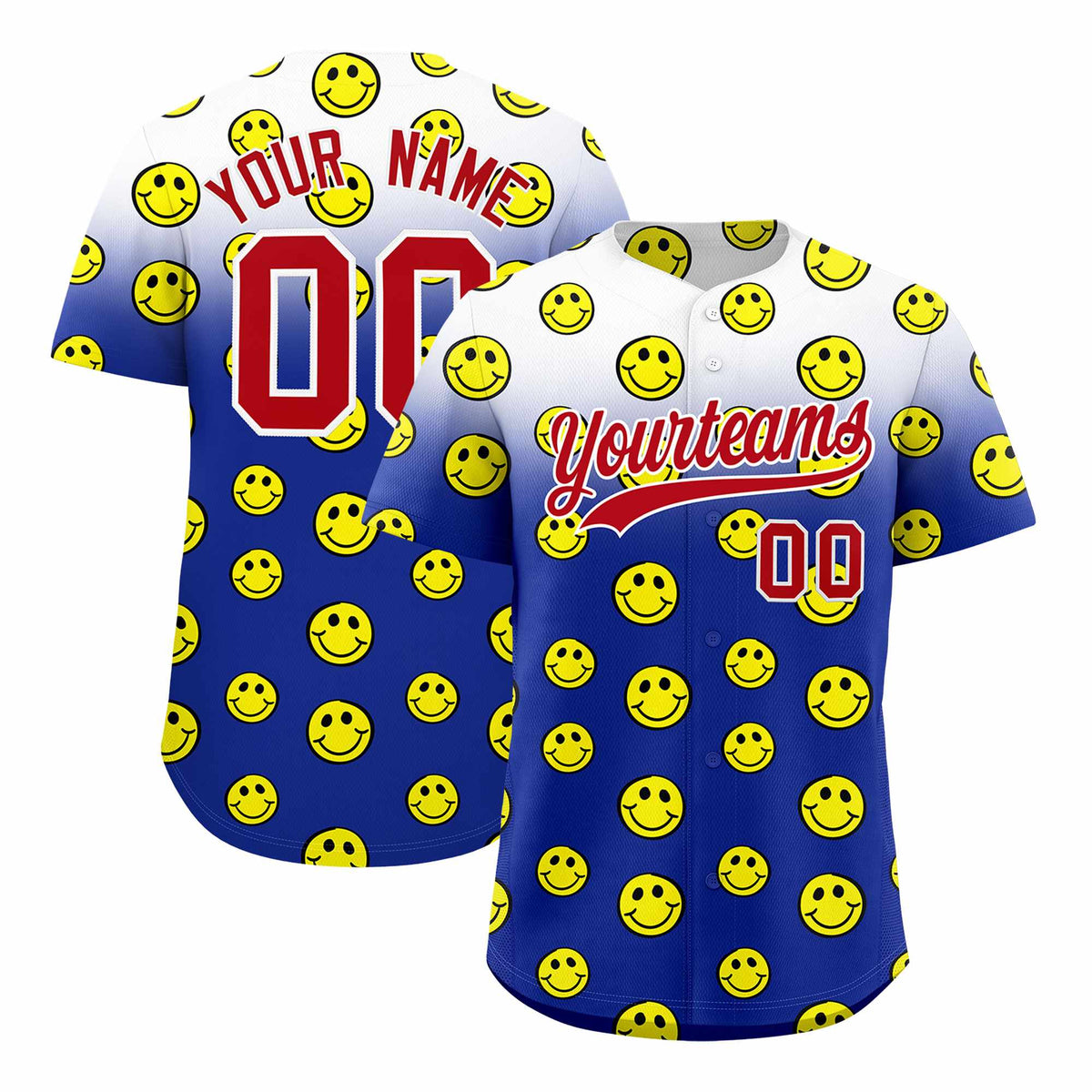 Custom White Royal Graffiti Gradient Pattern Authentic Smile Baseball Jersey