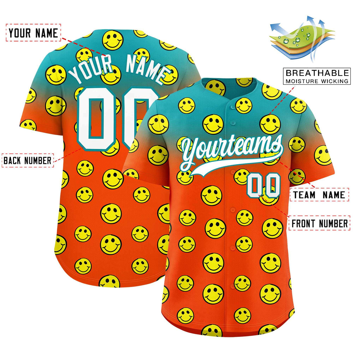 Custom Aqua Orange Graffiti Gradient Pattern Authentic Smile Baseball Jersey