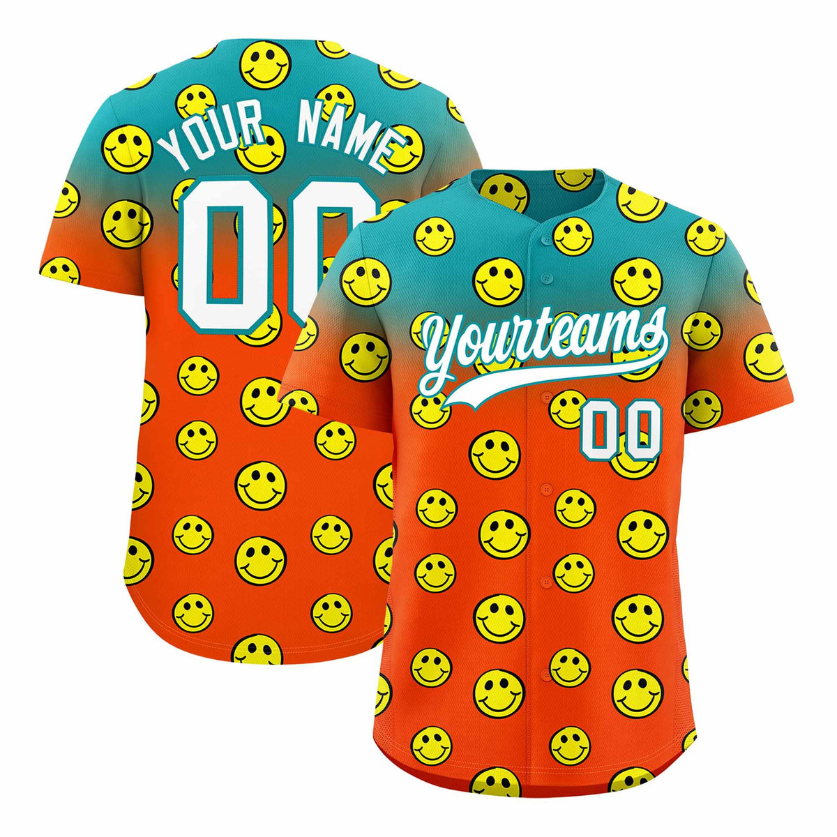 Custom Aqua Orange Graffiti Gradient Pattern Authentic Smile Baseball Jersey