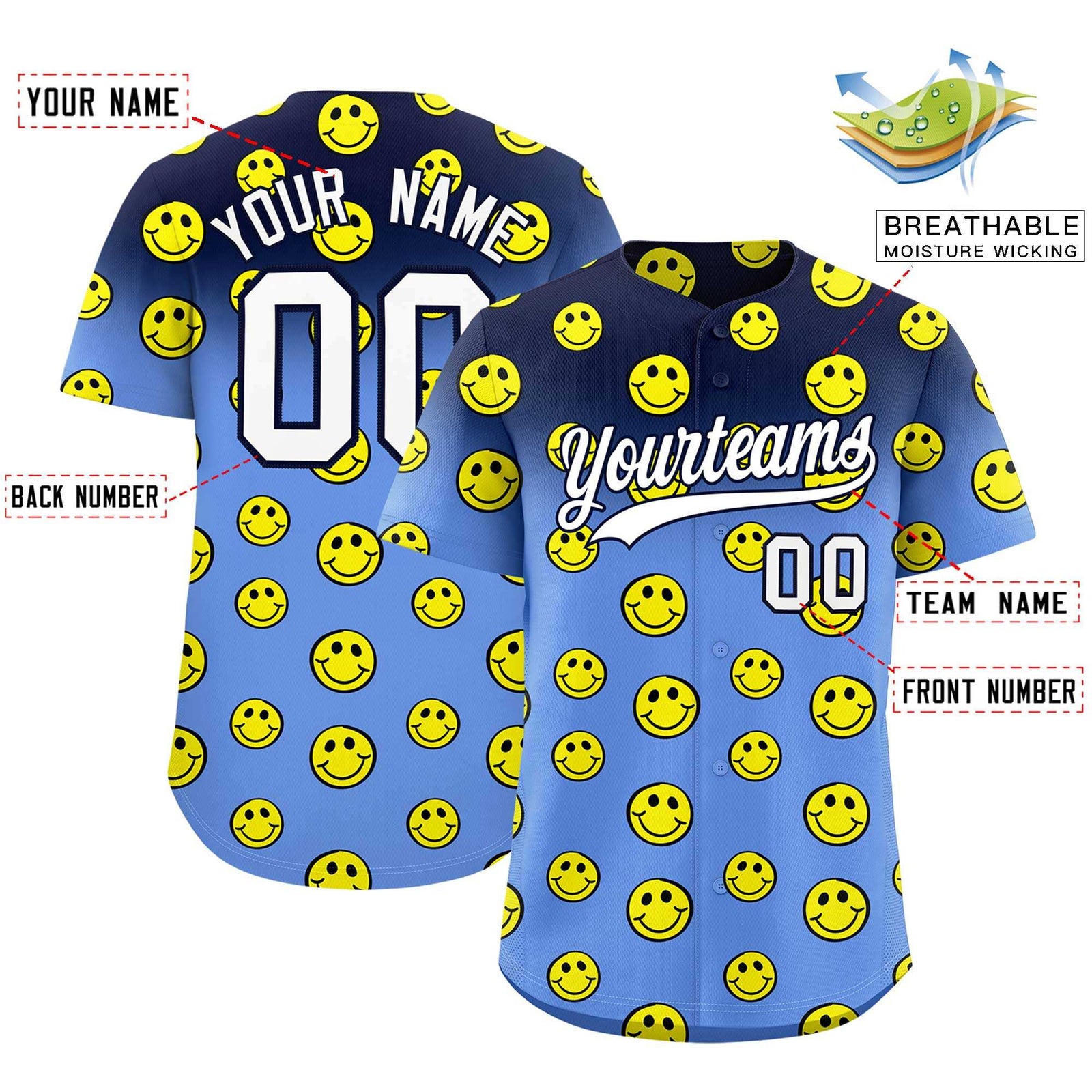 Custom Navy Light Blue Graffiti Gradient Pattern Authentic Smile Baseball Jersey