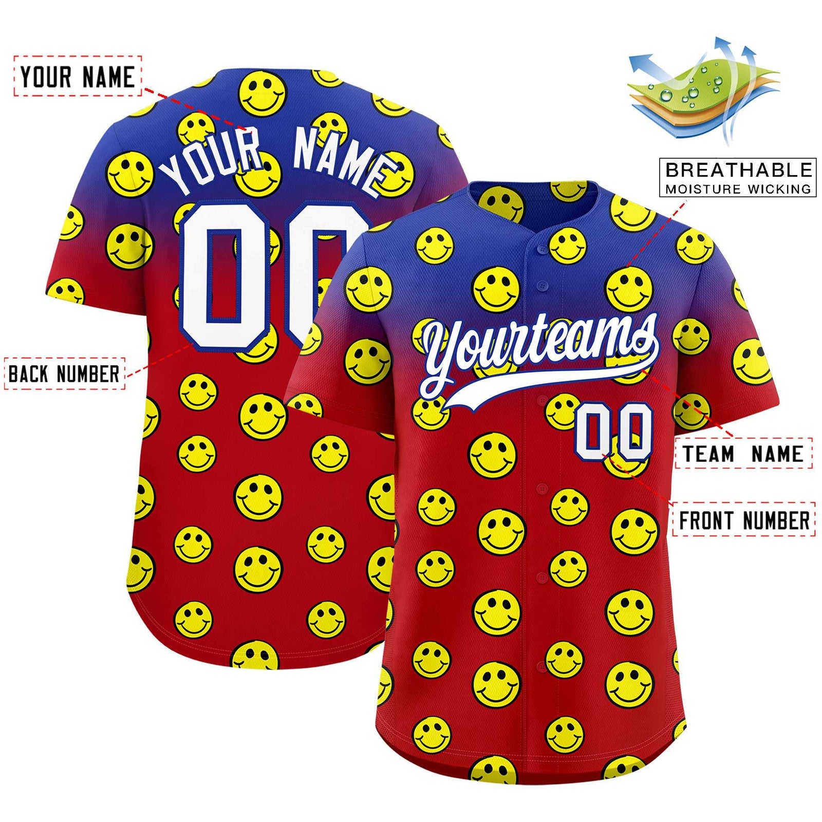 Custom Royal Red Graffiti Gradient Pattern Authentic Smile Baseball Jersey
