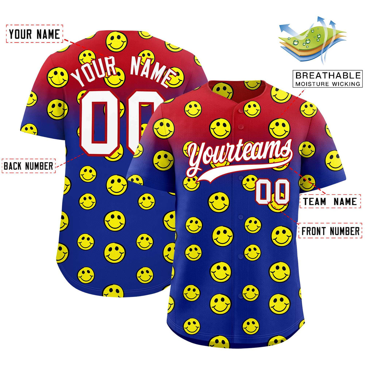 Custom Red Royal Graffiti Gradient Pattern Authentic Smile Baseball Jersey