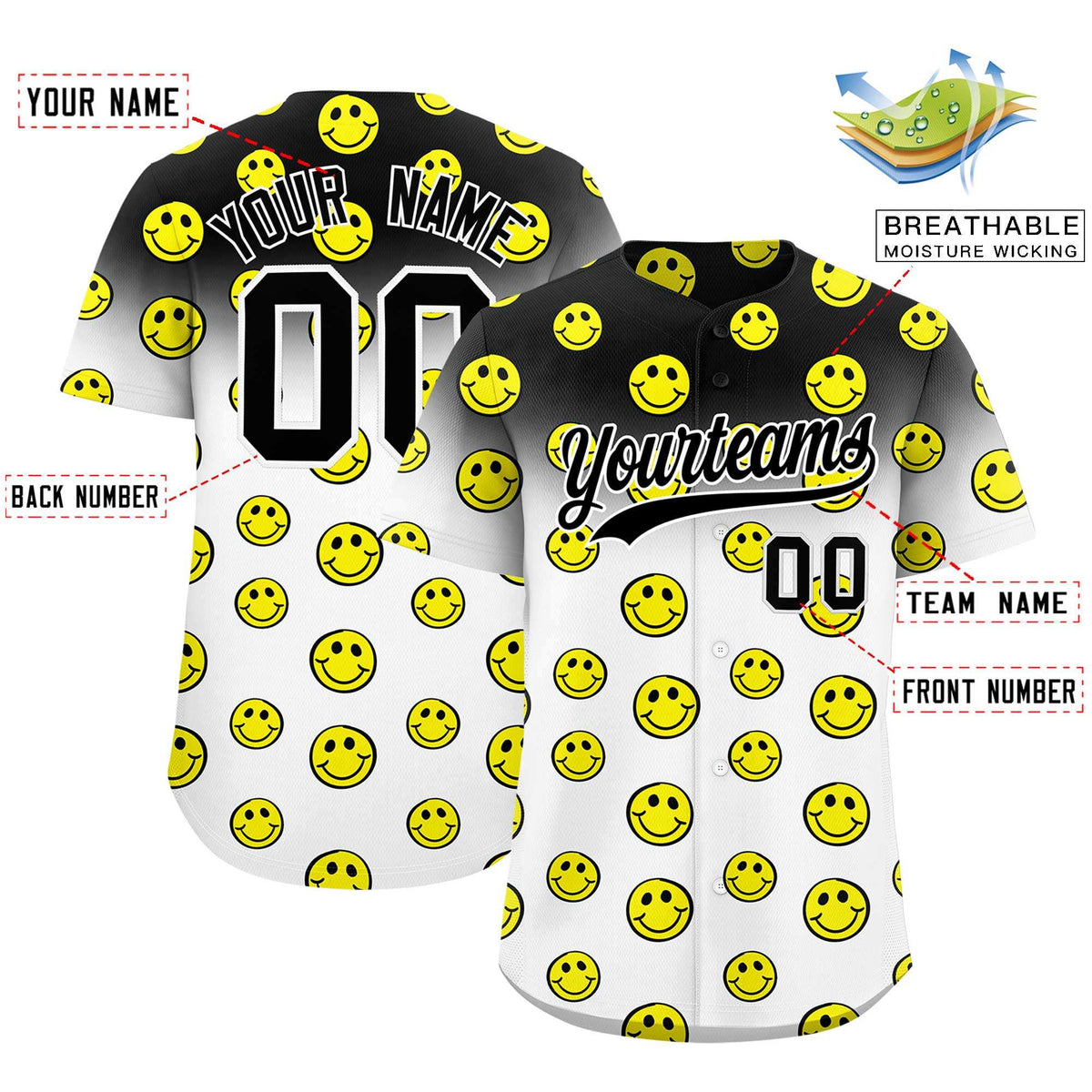 Custom Black White Graffiti Gradient Pattern Authentic Smile Baseball Jersey