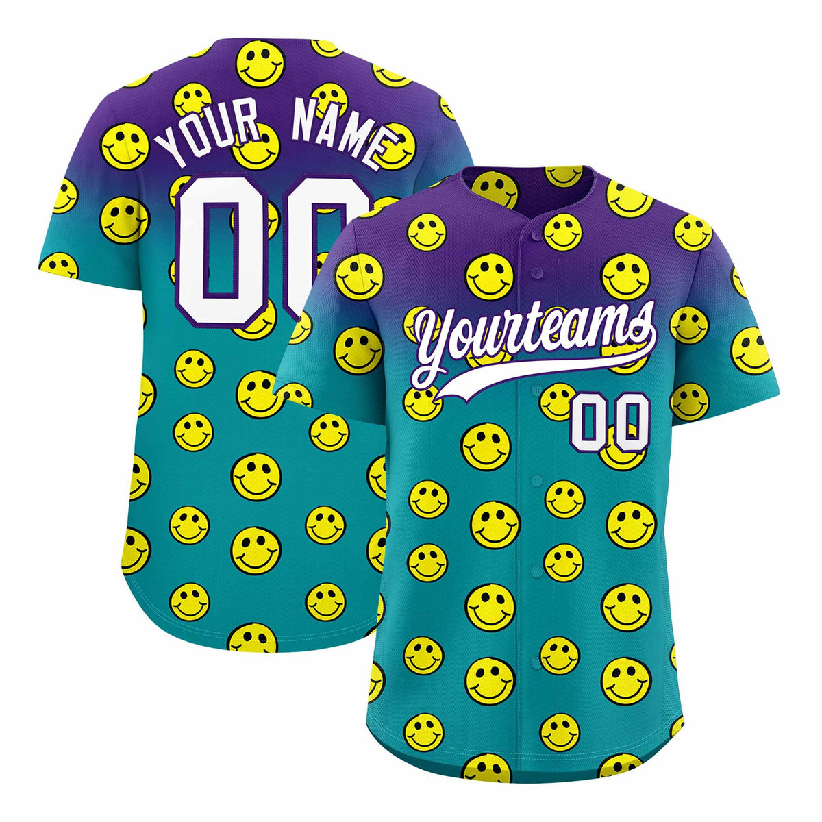 Custom Purple Aqua Graffiti Gradient Pattern Authentic Smile Baseball Jersey