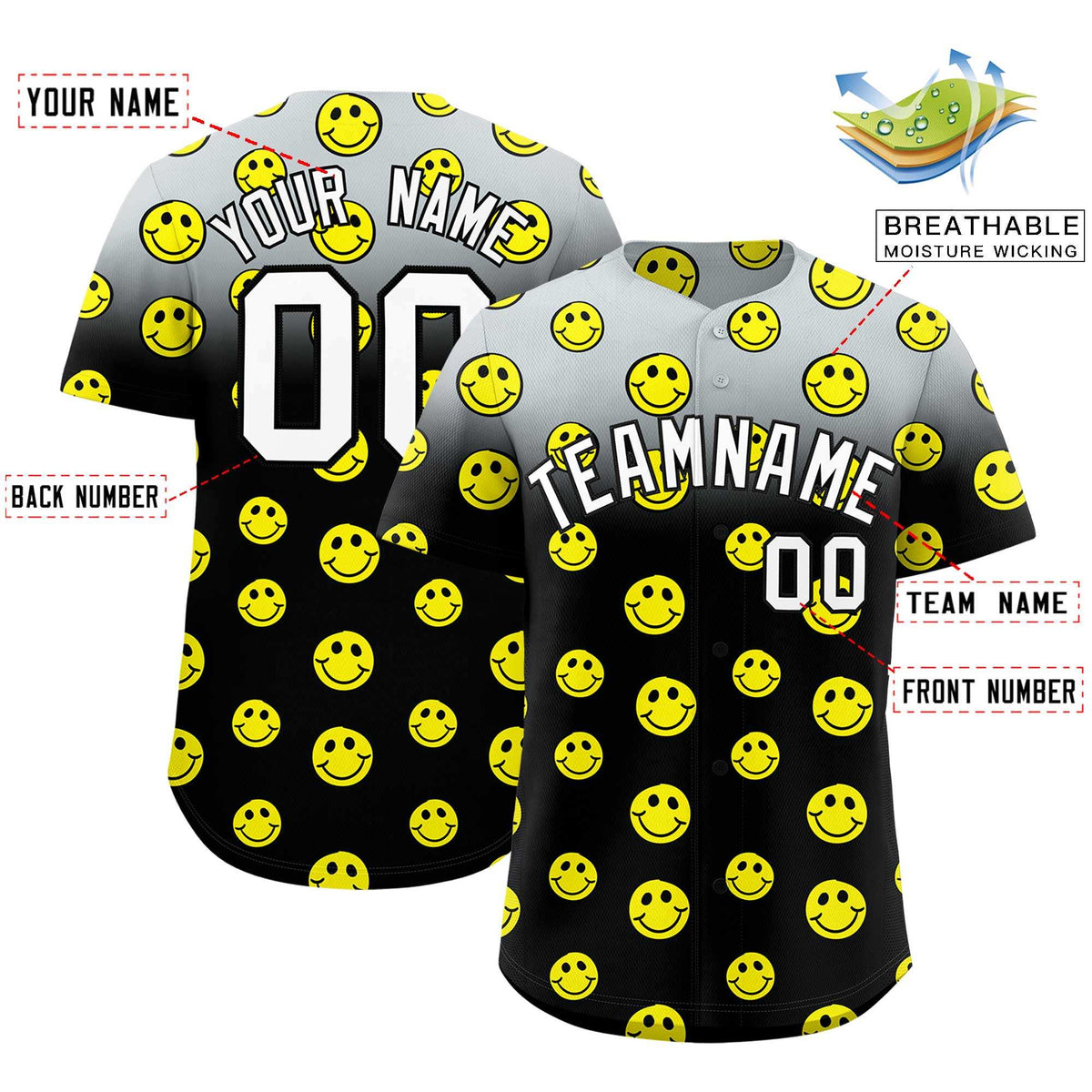 Custom Silver Black Graffiti Gradient Pattern Authentic Smile Baseball Jersey