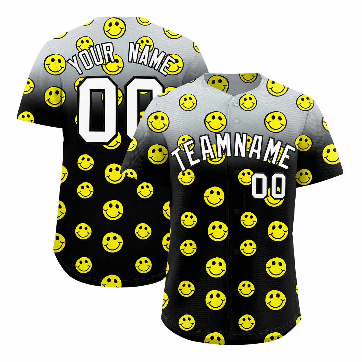 Custom Silver Black Graffiti Gradient Pattern Authentic Smile Baseball Jersey
