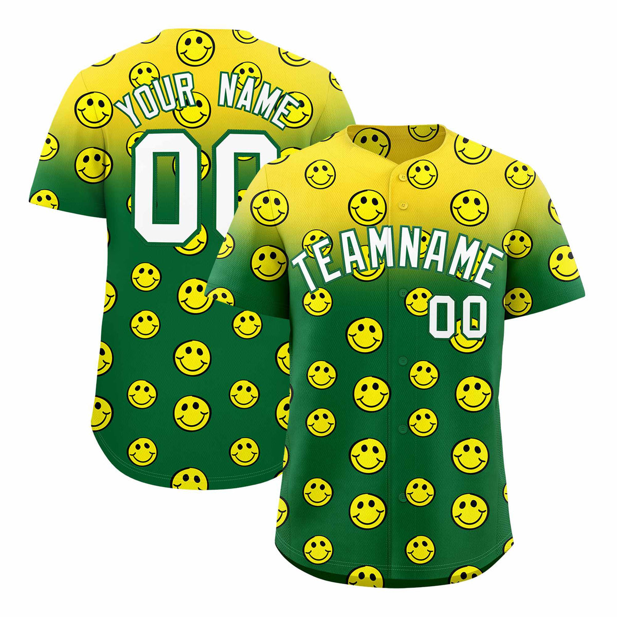 Custom Gold Kelly Green Graffiti Gradient Pattern Authentic Smile Baseball Jersey