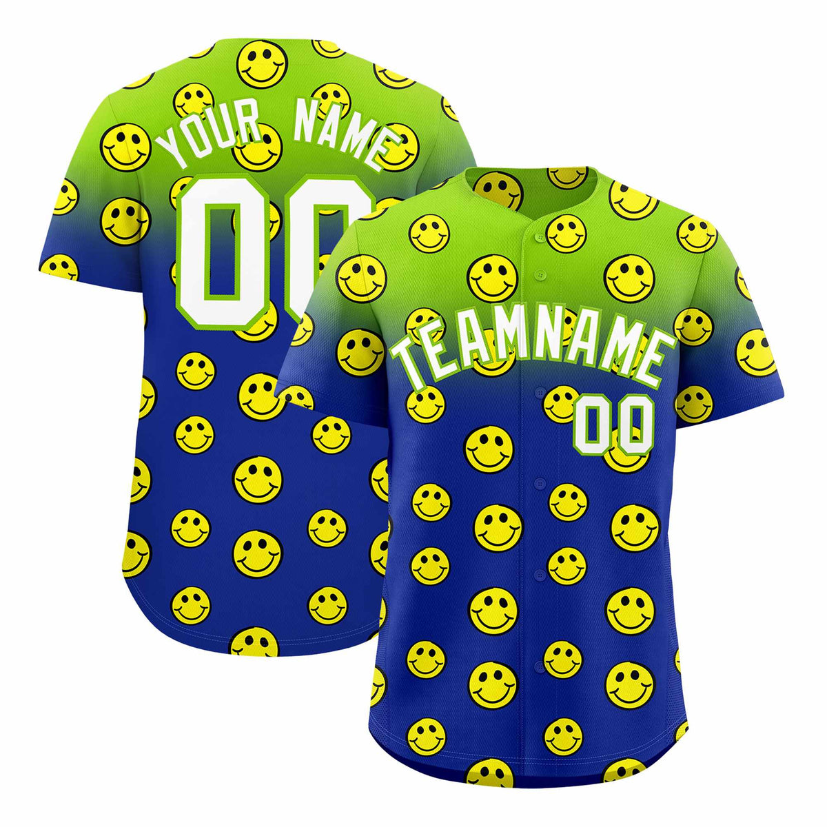 Custom Neon Green Royal Graffiti Gradient Pattern Authentic Smile Baseball Jersey