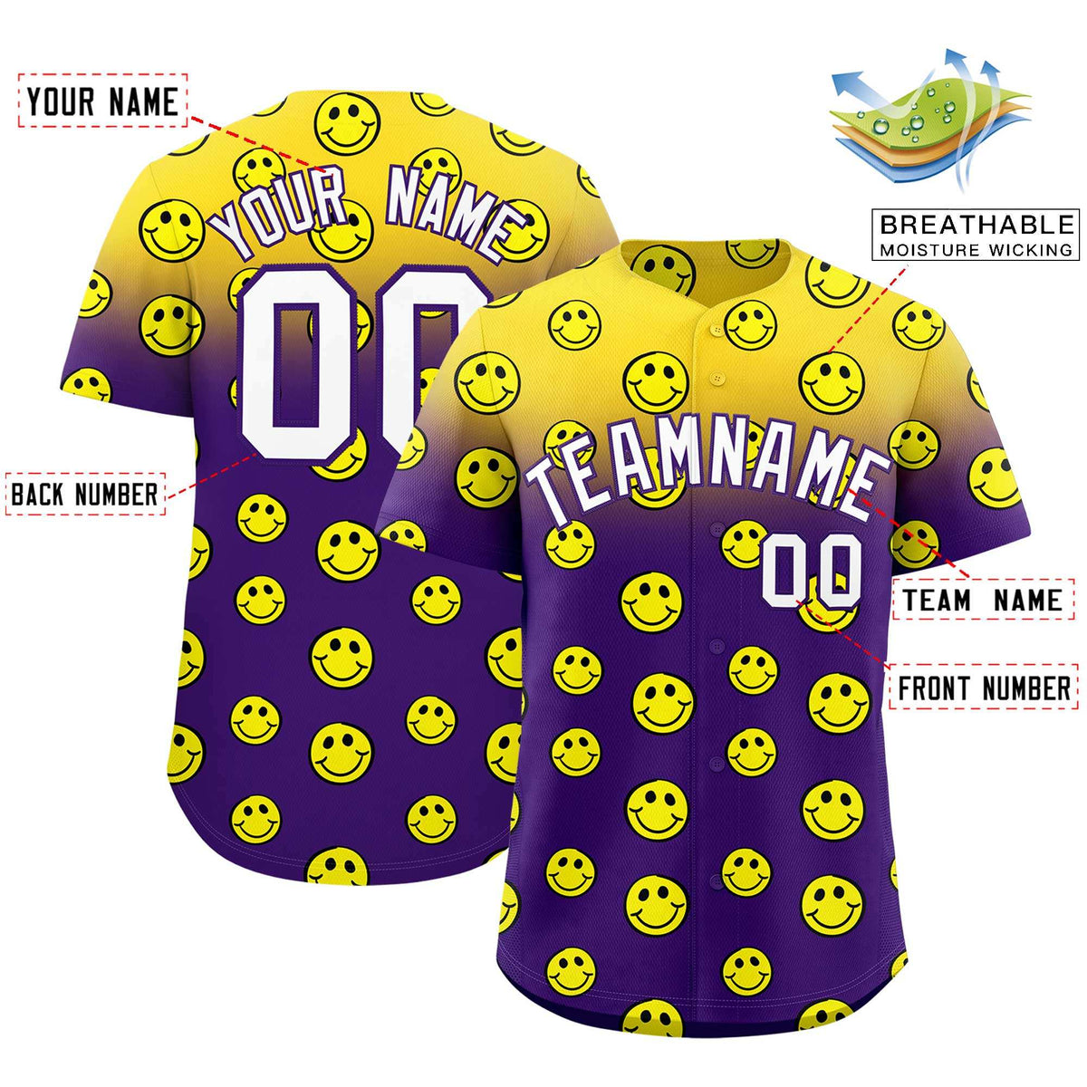 Custom Gold Purple Graffiti Gradient Pattern Authentic Smile Baseball Jersey
