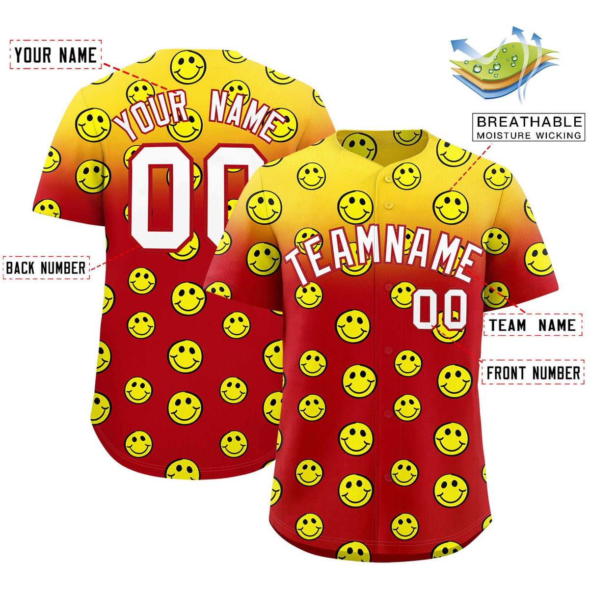 Custom Gold Red Graffiti Gradient Pattern Authentic Smile Baseball Jersey